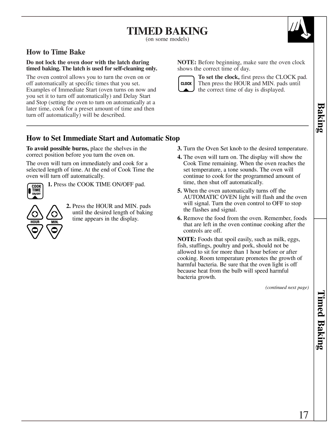 GE RGB744, EGR2000, LGB356 manual Timed Baking, How to Time Bake, How to Set Immediate Start and Automatic Stop 