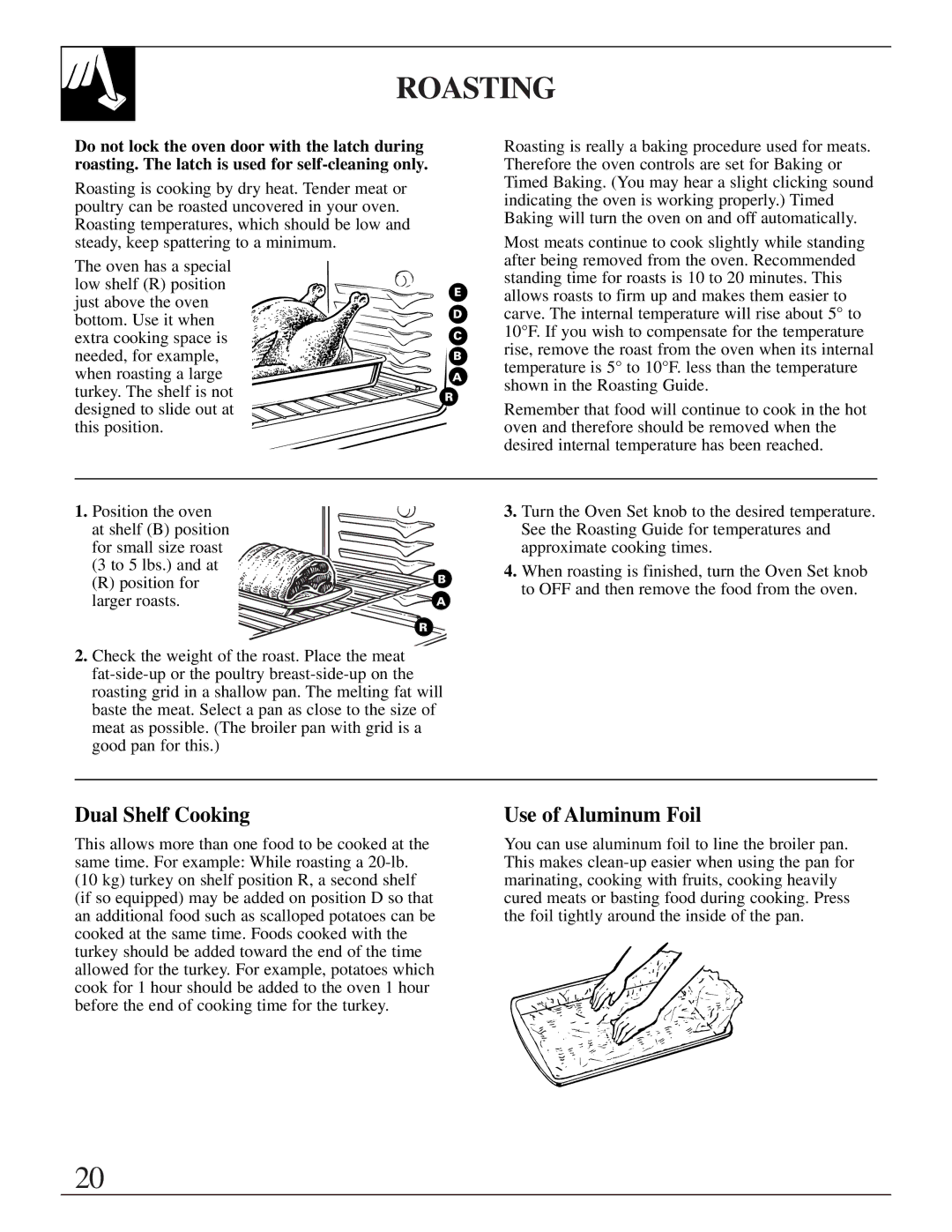 GE RGB744, EGR2000, LGB356 manual Roasting, Dual Shelf Cooking, Use of Aluminum Foil 