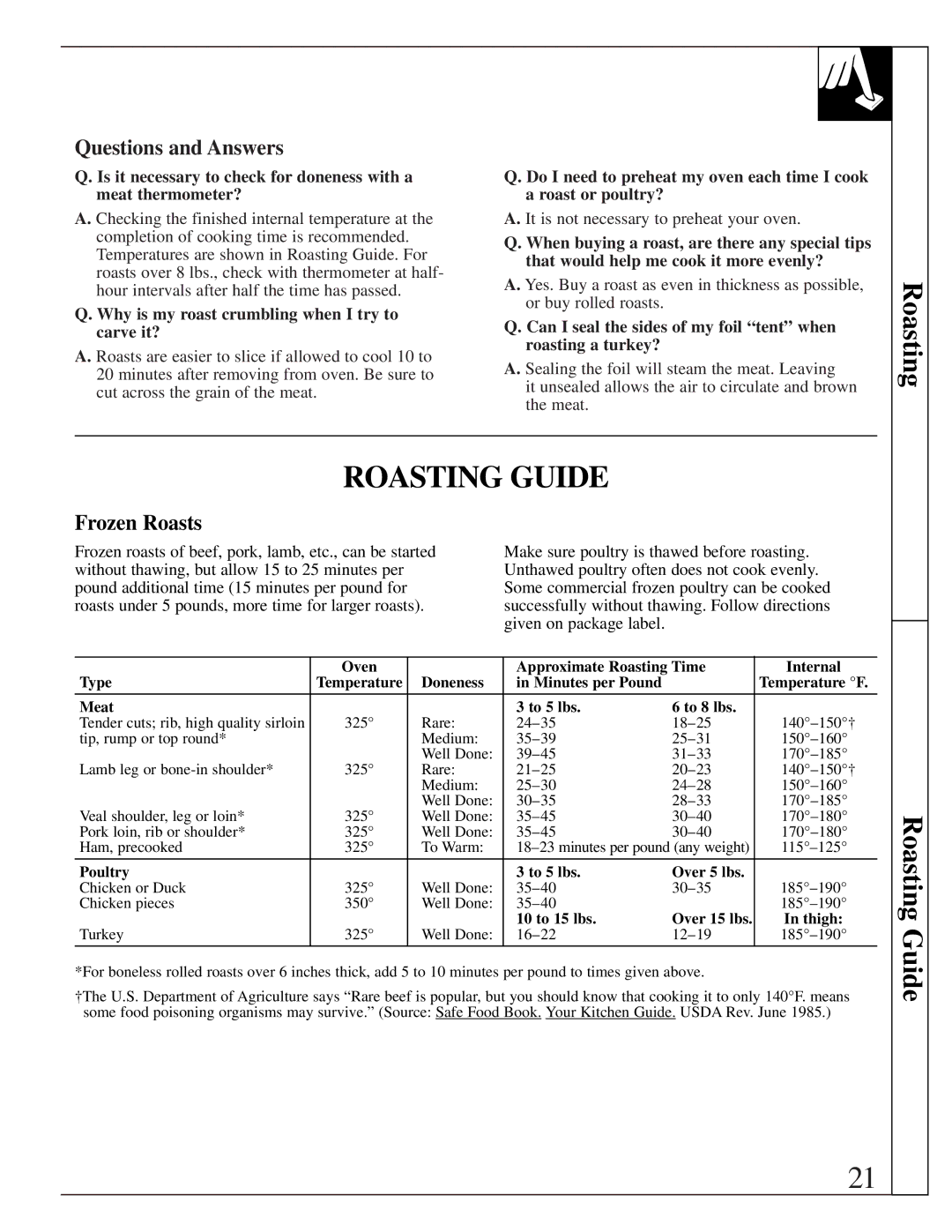 GE EGR2000, LGB356, RGB744 manual Roasting Guide, Frozen Roasts, Why is my roast crumbling when I try to carve it? 