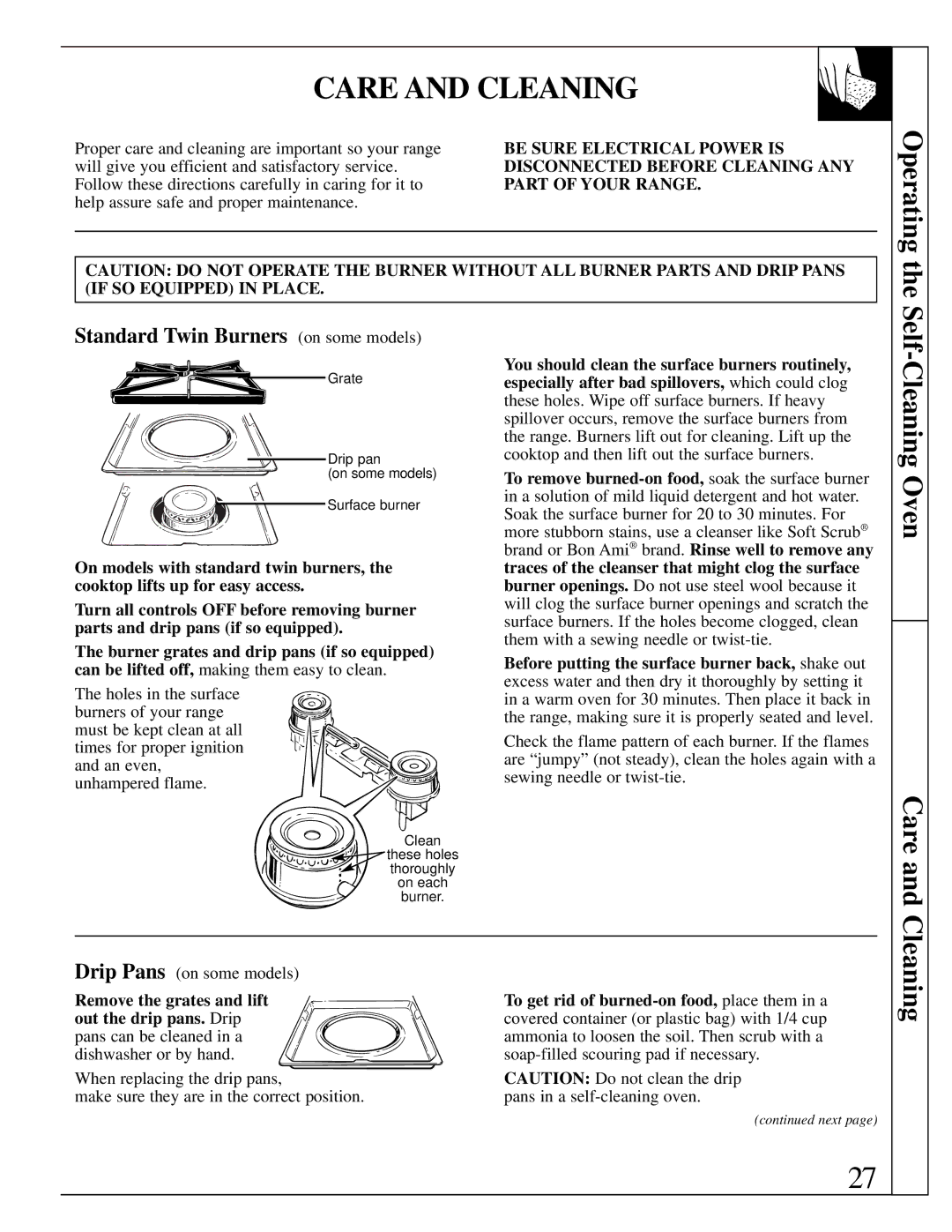 GE EGR2000, LGB356, RGB744 manual Care and Cleaning, Standard Twin Burners on some models 