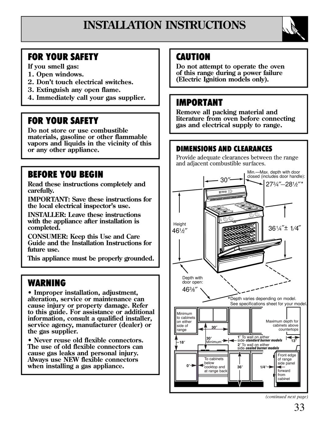 GE EGR2000, LGB356, RGB744 manual Installation Instructions, For Your Safety 