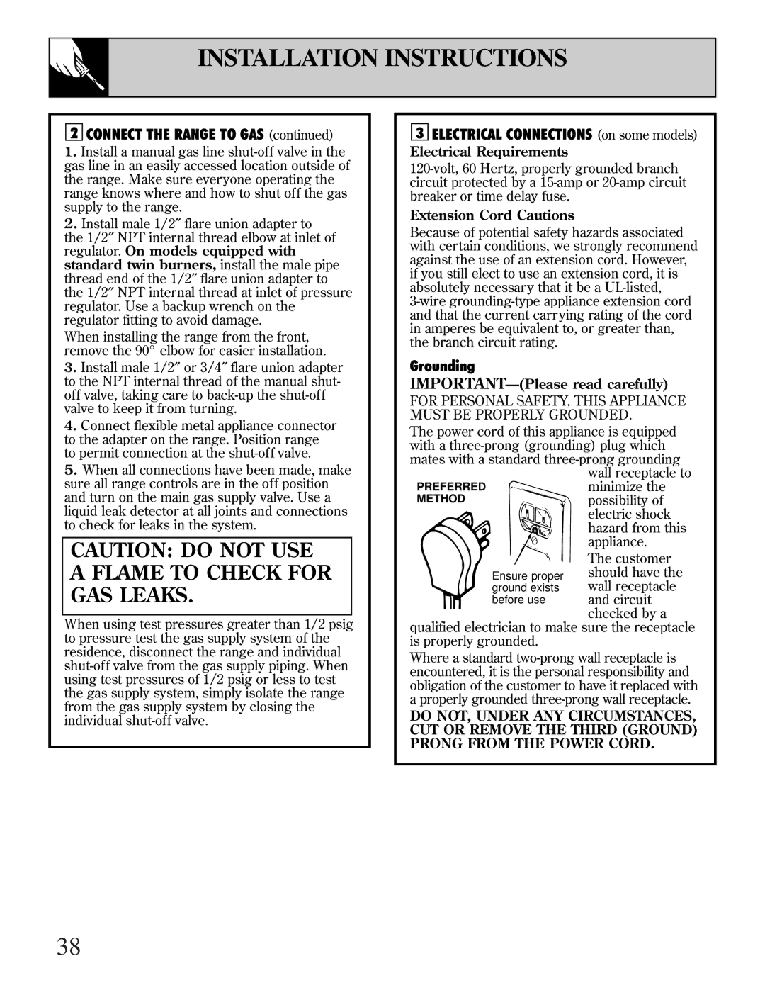 GE RGB744, EGR2000, LGB356 manual Electrical Requirements, Extension Cord Cautions, IMPORTANT-Please read carefully 