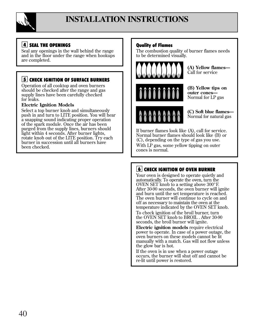 GE LGB356, EGR2000, RGB744 manual Electric Ignition Models, Yellow flames 