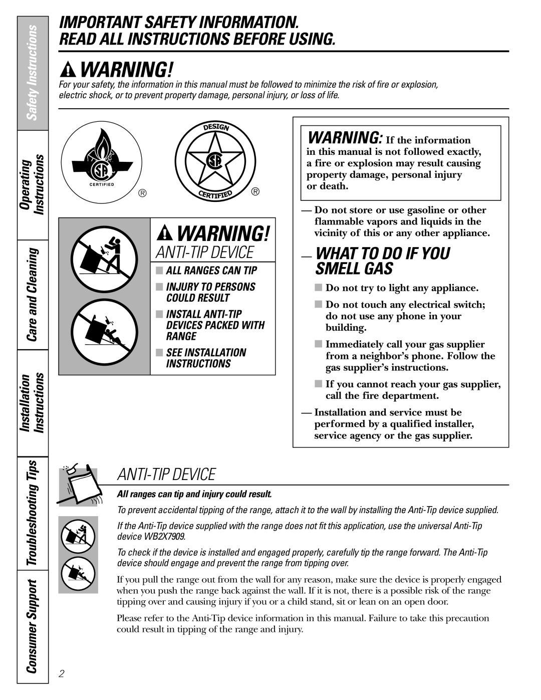 GE JGBP33, EGR2001, EGR2002, JGBP29, JGBP28, JGBP32 manual What to do if YOU Smell GAS 