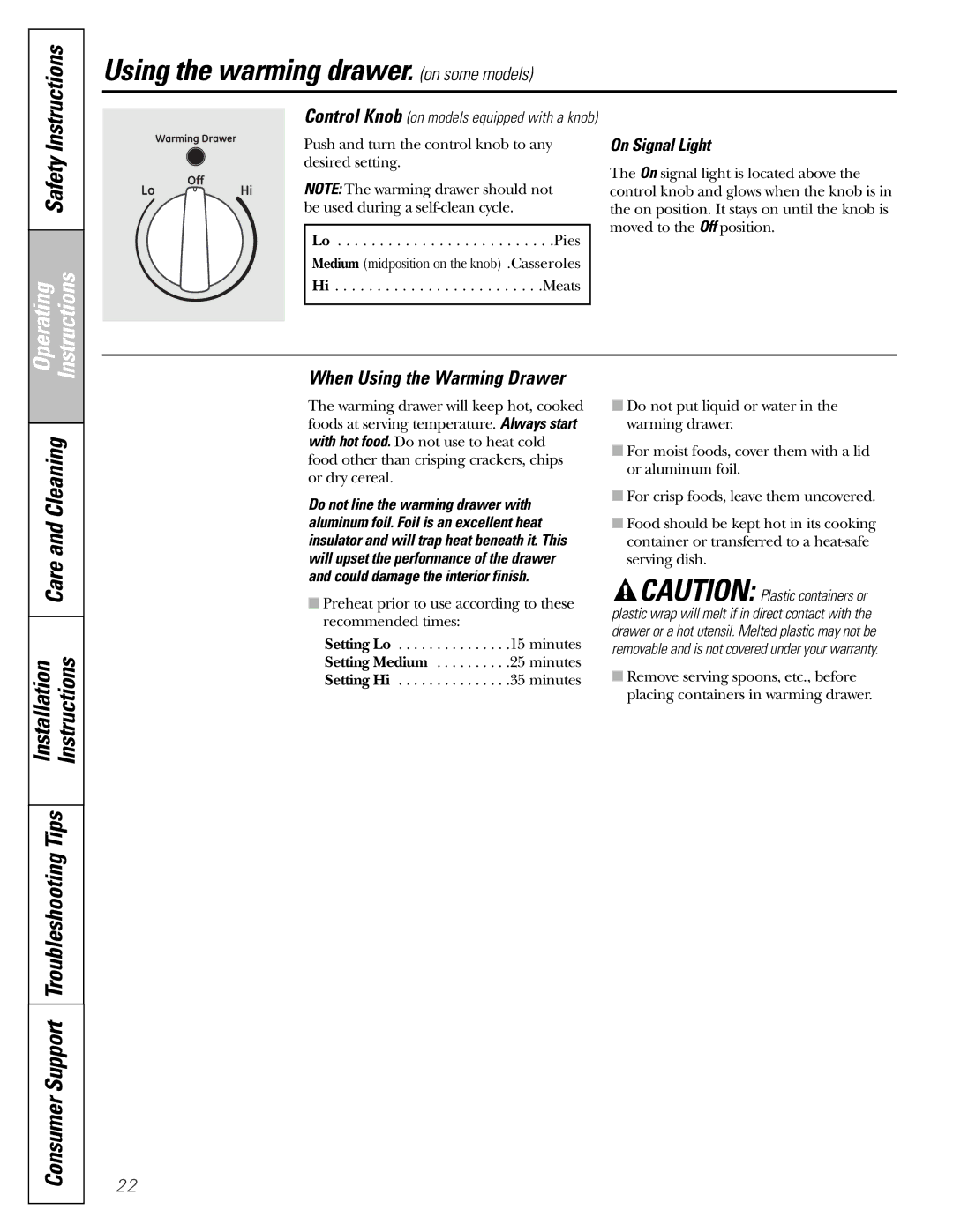 GE JGBP28, EGR2001, EGR2002, JGBP33, JGBP29, JGBP32 manual When Using the Warming Drawer, On Signal Light 