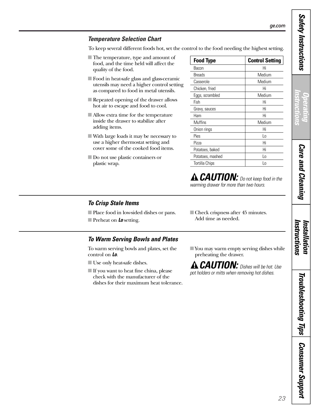 GE JGBP32, EGR2001, EGR2002, JGBP33, JGBP29, JGBP28 manual Temperature Selection Chart, To Crisp Stale Items 