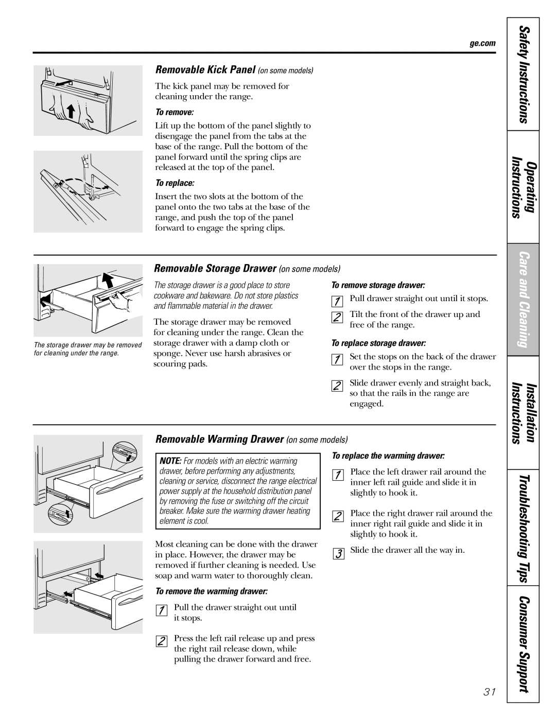 GE EGR2002, EGR2001 manual Removable Kick Panel on some models, Removable Storage Drawer on some models Safety Instructions 