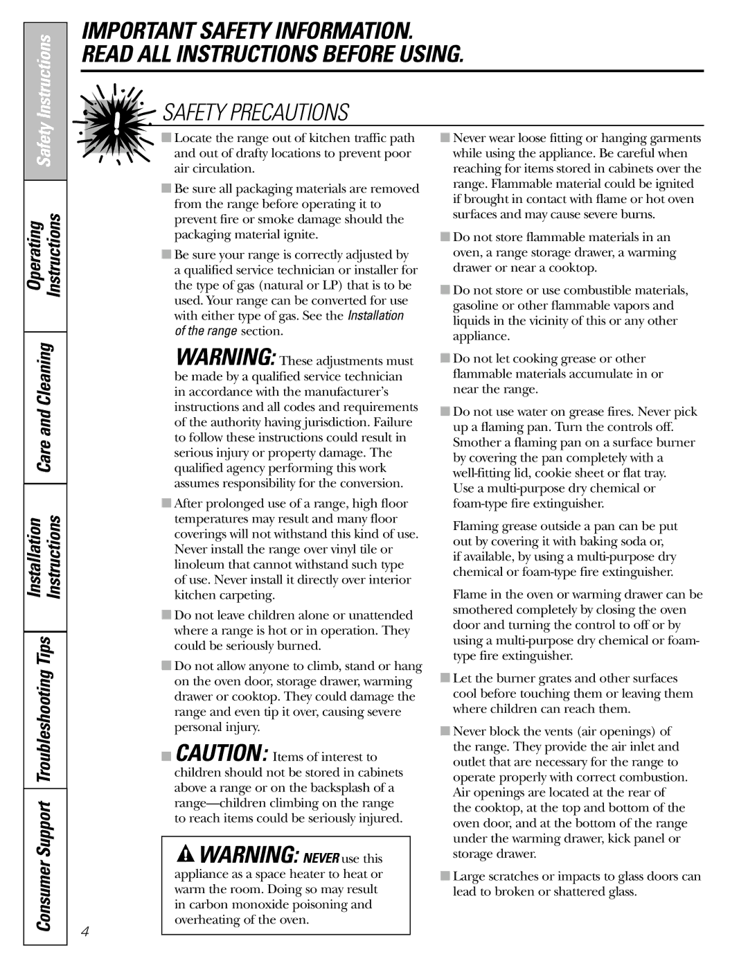 GE JGBP28, EGR2001, EGR2002, JGBP33, JGBP29, JGBP32 manual Safety Precautions 