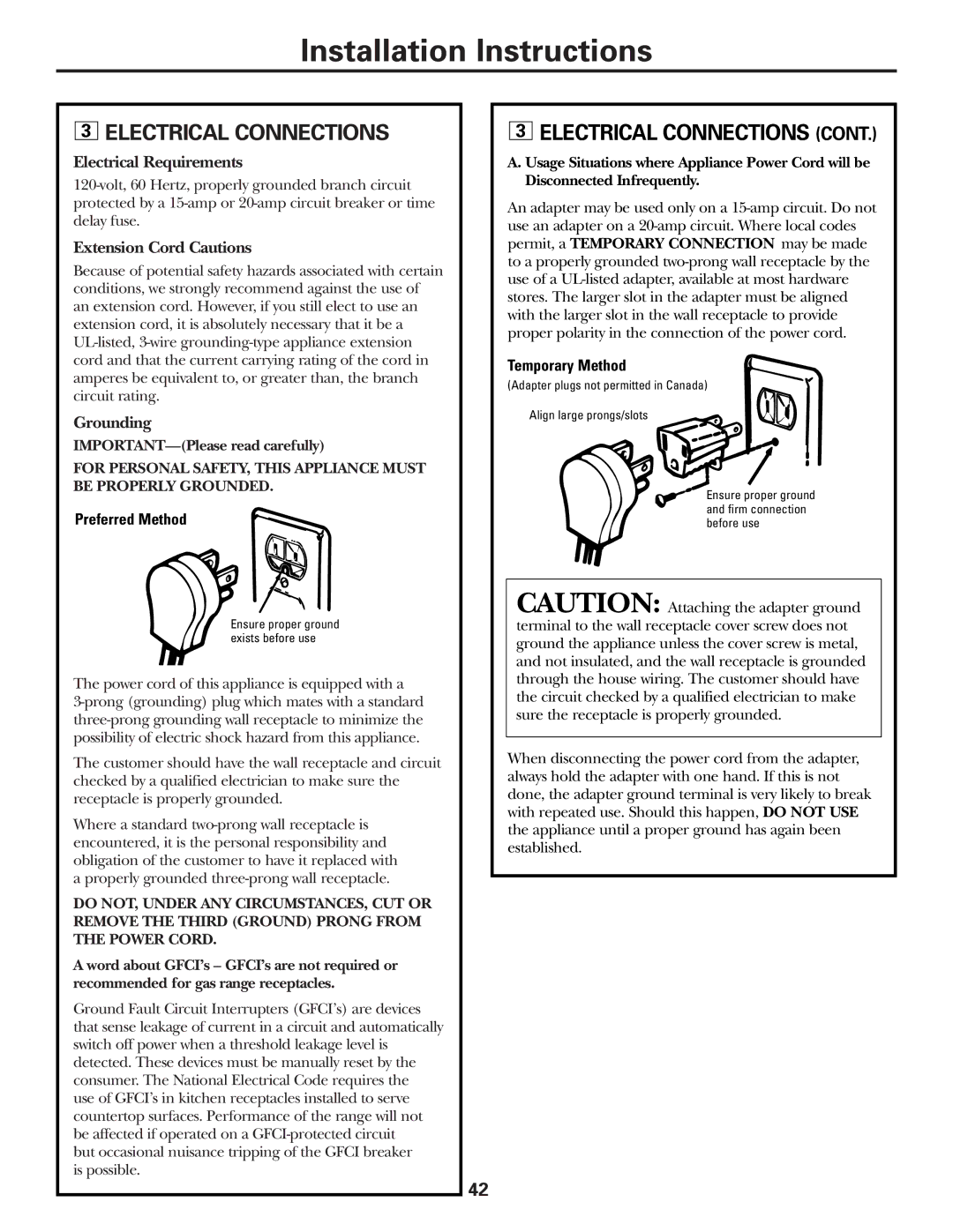 GE EGR2001, EGR2002, JGBP33, JGBP29, JGBP28, JGBP32 manual Electrical Connections, Electrical Requirements 