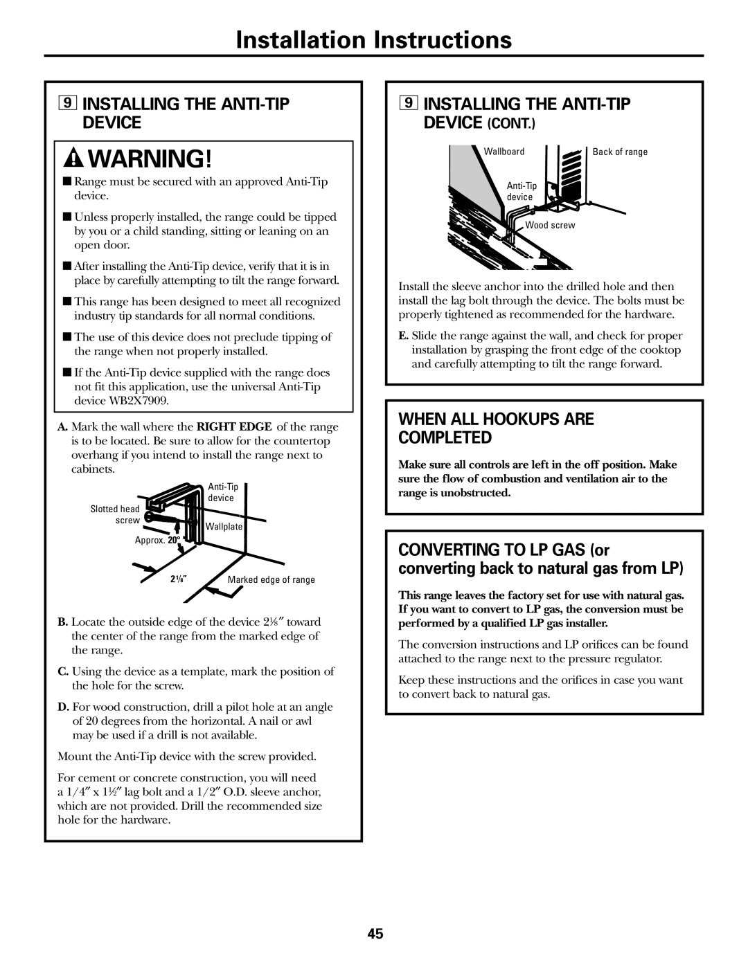 GE JGBP29, EGR2001, EGR2002, JGBP33, JGBP28, JGBP32 manual Installing the ANTI-TIP Device, When ALL Hookups are Completed 