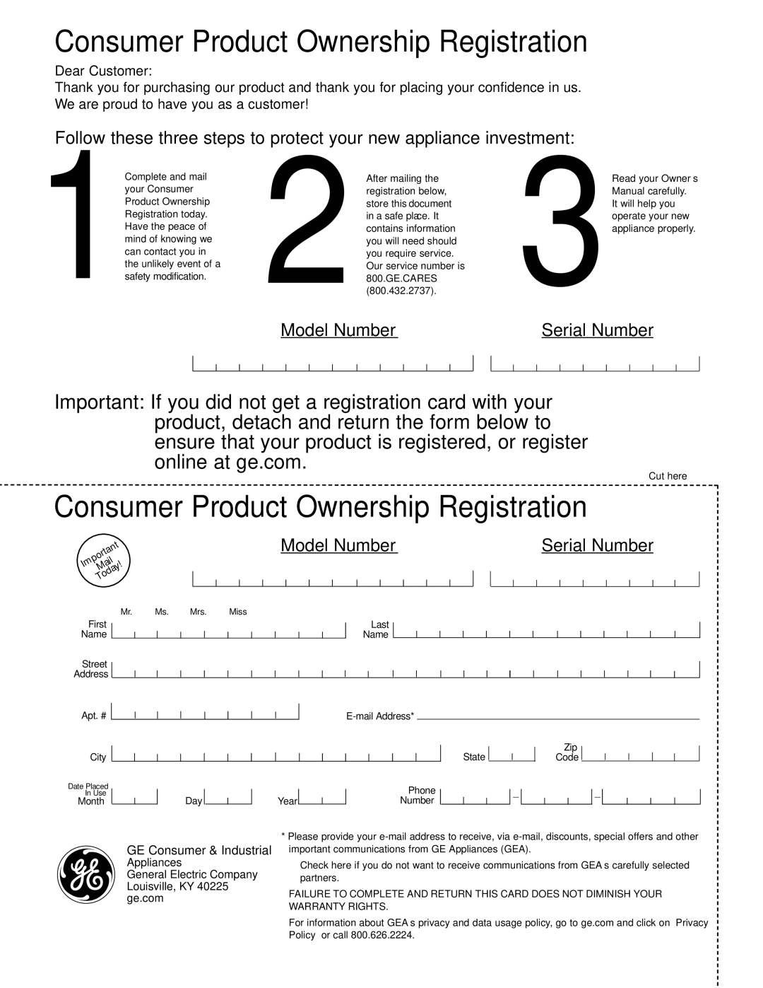 GE JGBP28, EGR2001, EGR2002, JGBP33, JGBP29, JGBP32 manual Consumer Product Ownership Registration 