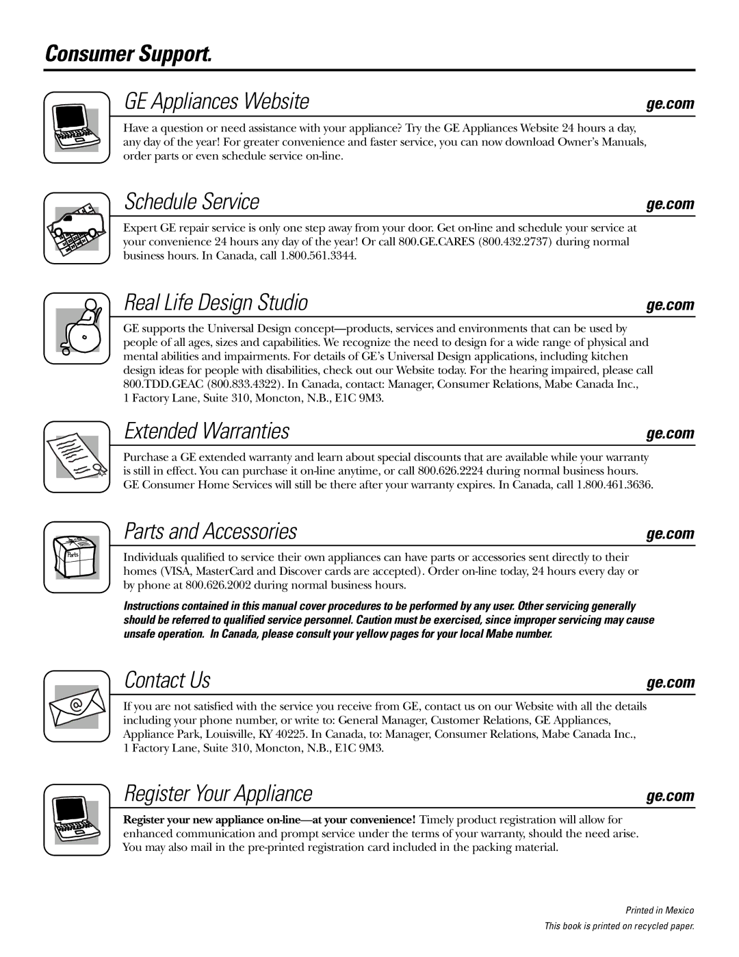 GE JGBP33, EGR2001 Consumer Support GE Appliances Website, Schedule Service, Real Life Design Studio, Extended Warranties 