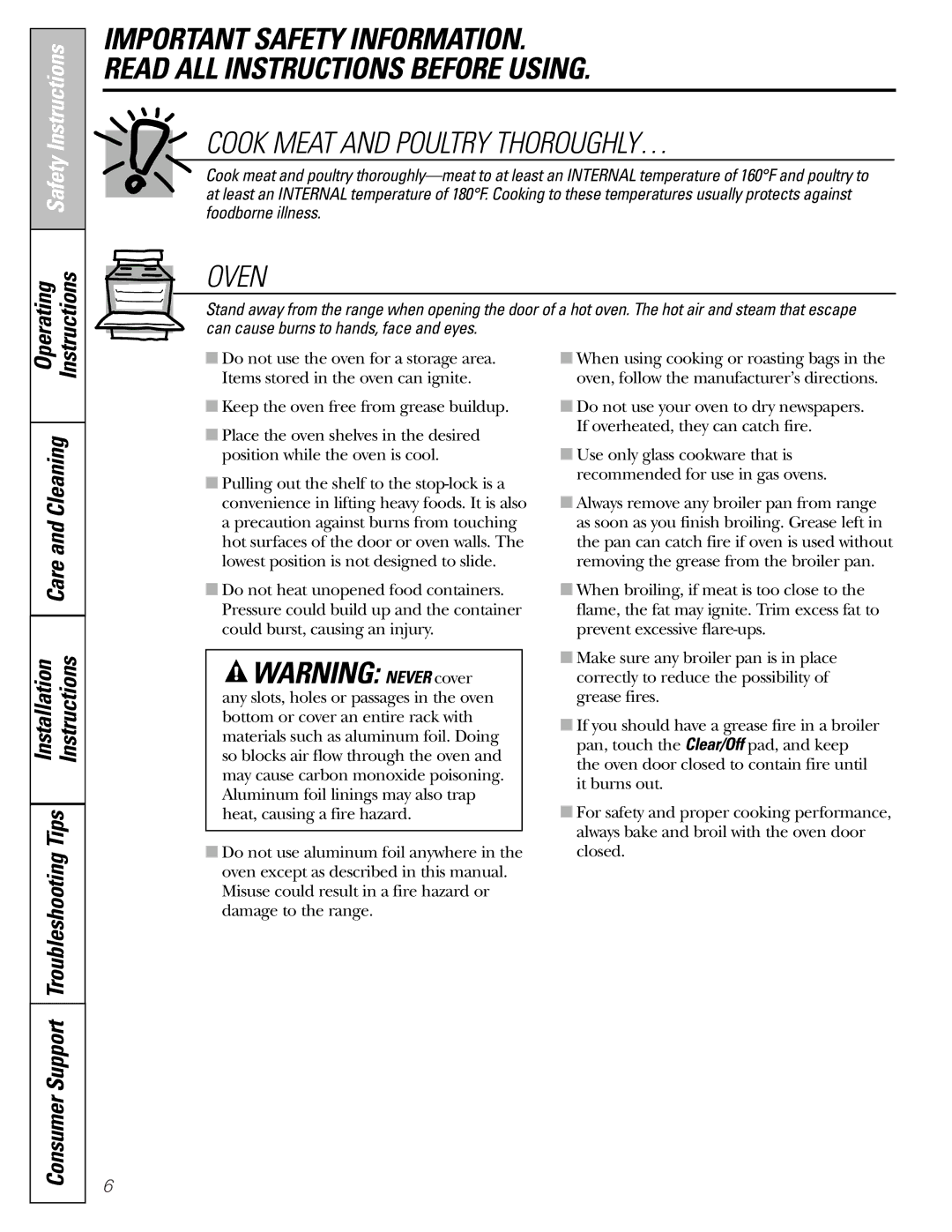 GE EGR2001, EGR2002, JGBP33, JGBP29, JGBP28, JGBP32 manual Cook Meat and Poultry THOROUGHLY… 