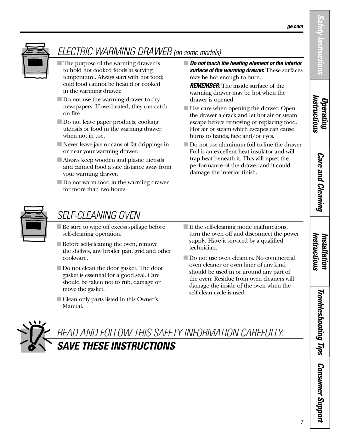 GE EGR2002, EGR2001, JGBP33, JGBP29, JGBP28, JGBP32 manual Electric Warming Drawer on some models, Operating Instructions 