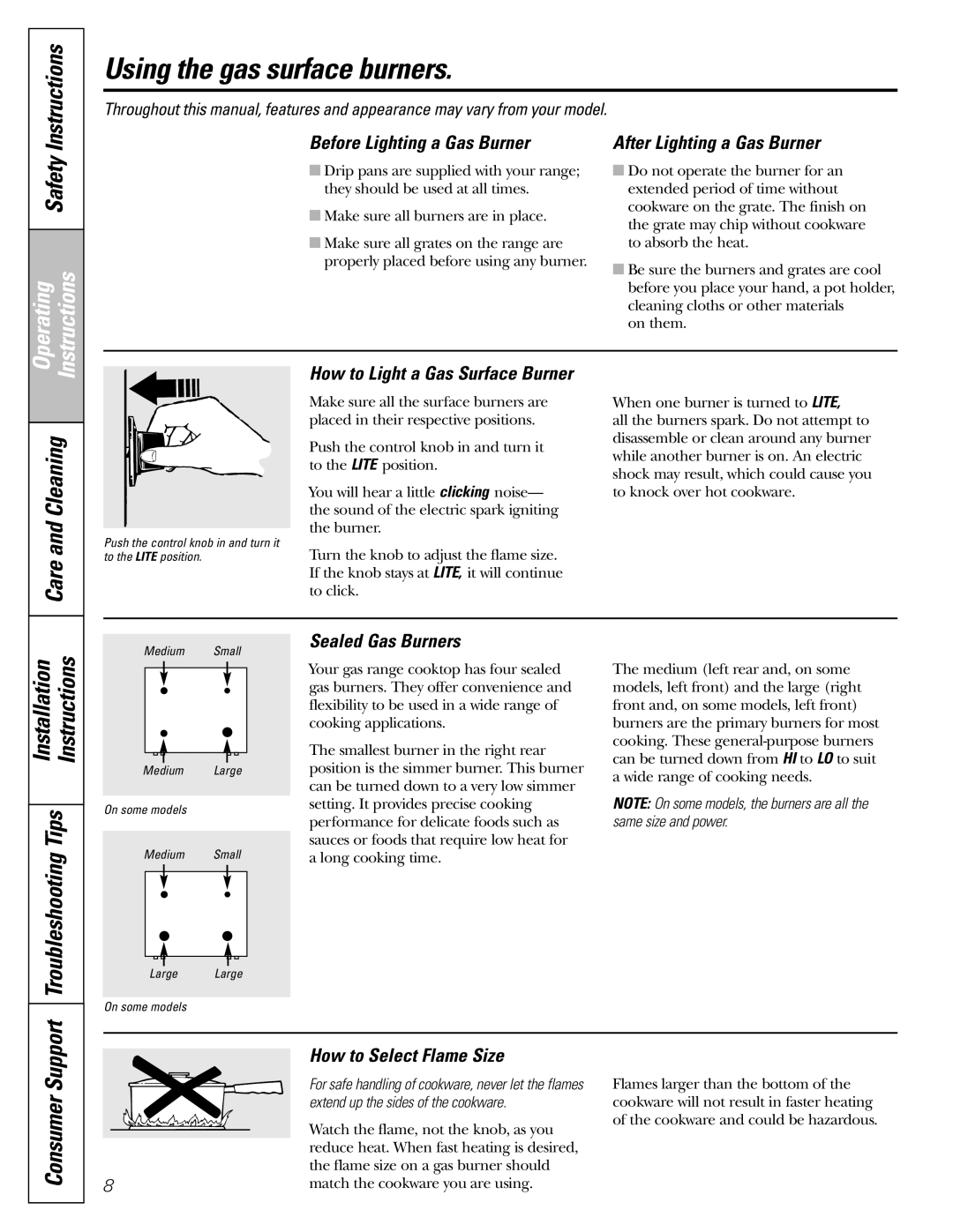 GE JGBP33 manual Using the gas surface burners, Before Lighting a Gas Burner, Sealed Gas Burners, How to Select Flame Size 