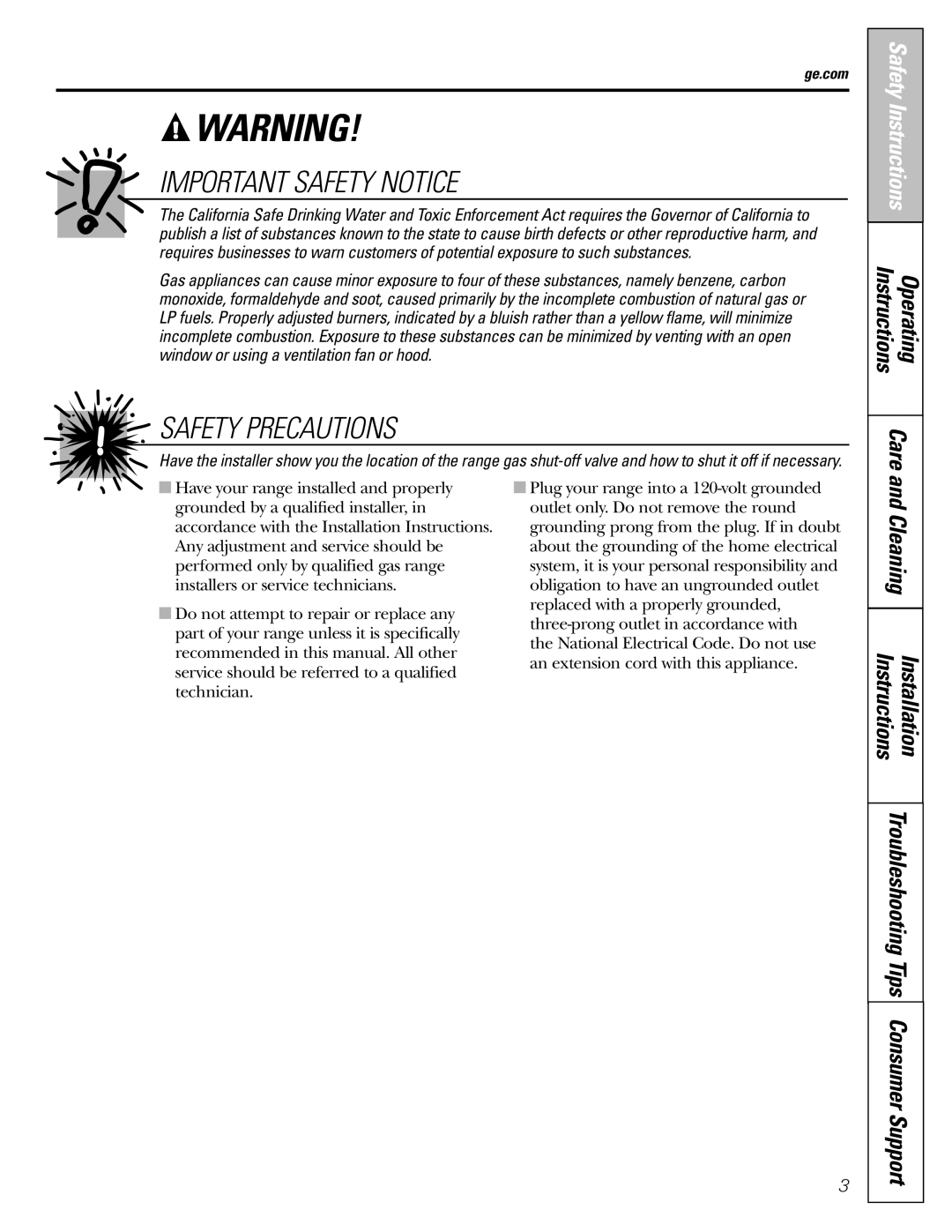 GE JGBP29 manual Important Safety Notice, Safety Precautions, Consumer Support, Care, and Cleaning, Operating Instructions 