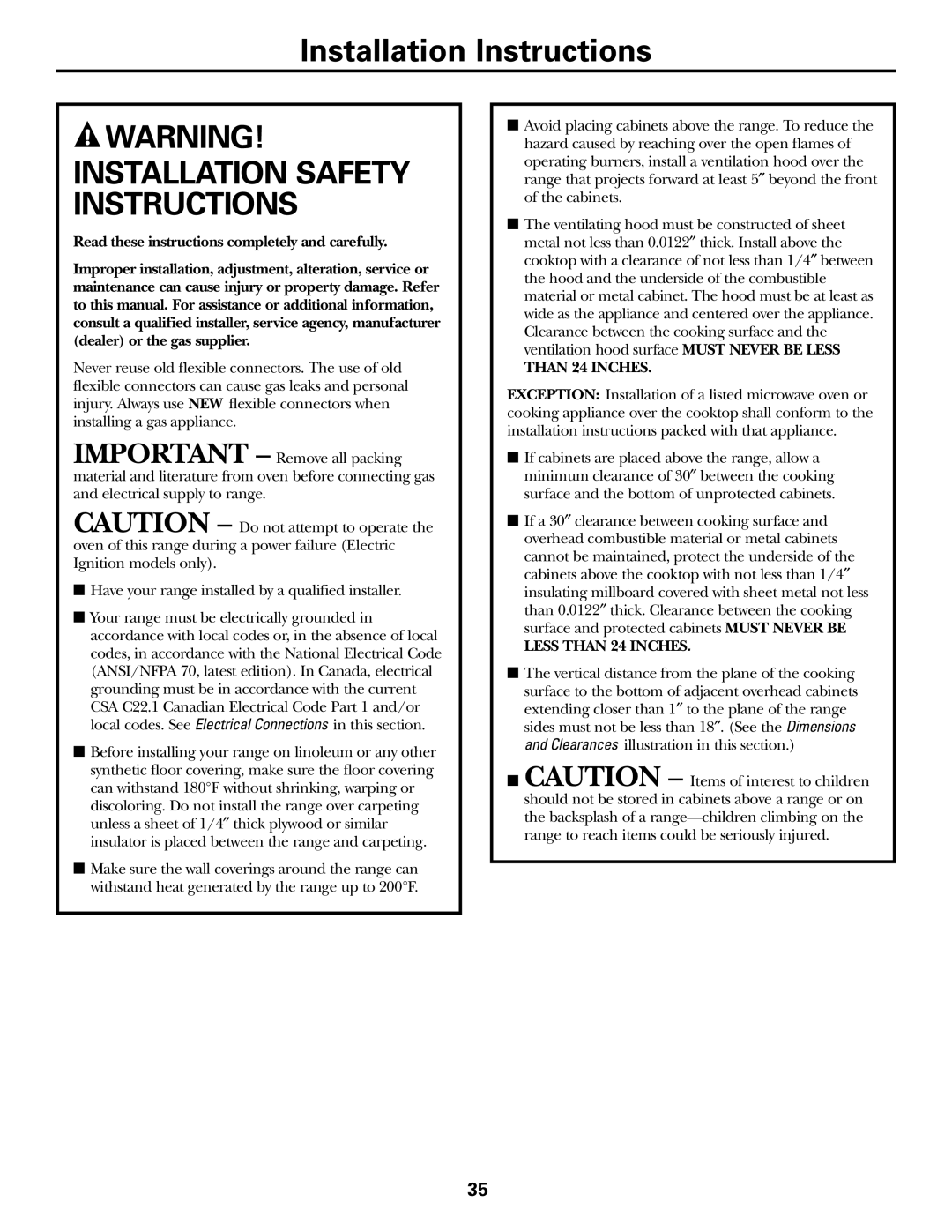 GE JGBP32, EGR2001, EGR2002, JGBP33, JGBP29, JGBP28 manual Installation Instructions, Installation Safety Instructions 