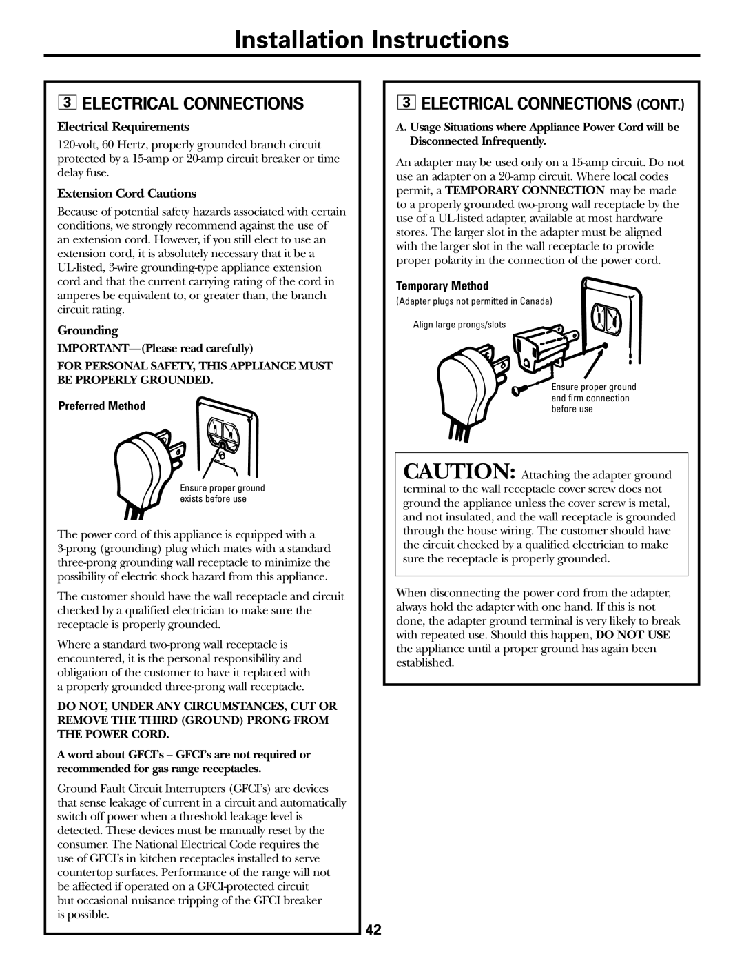 GE EGR2001 3ELECTRICAL CONNECTIONS CONT, Installation Instructions, Electrical Requirements, Extension Cord Cautions 