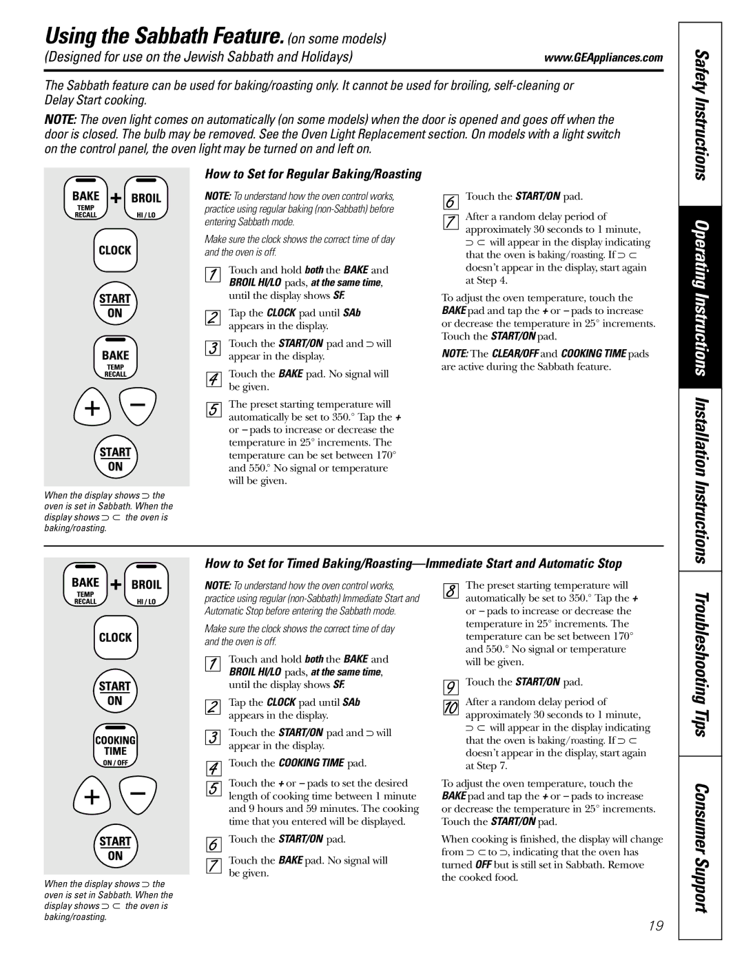 GE EGR3000 Using the Sabbath Feature. on some models, Designed for use on the Jewish Sabbath and Holidays 