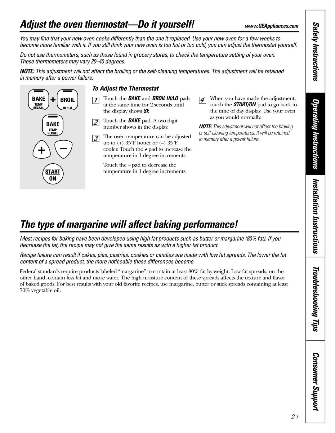 GE EGR3000 Adjust the oven thermostat-Do it yourself, Type of margarine will affect baking performance 