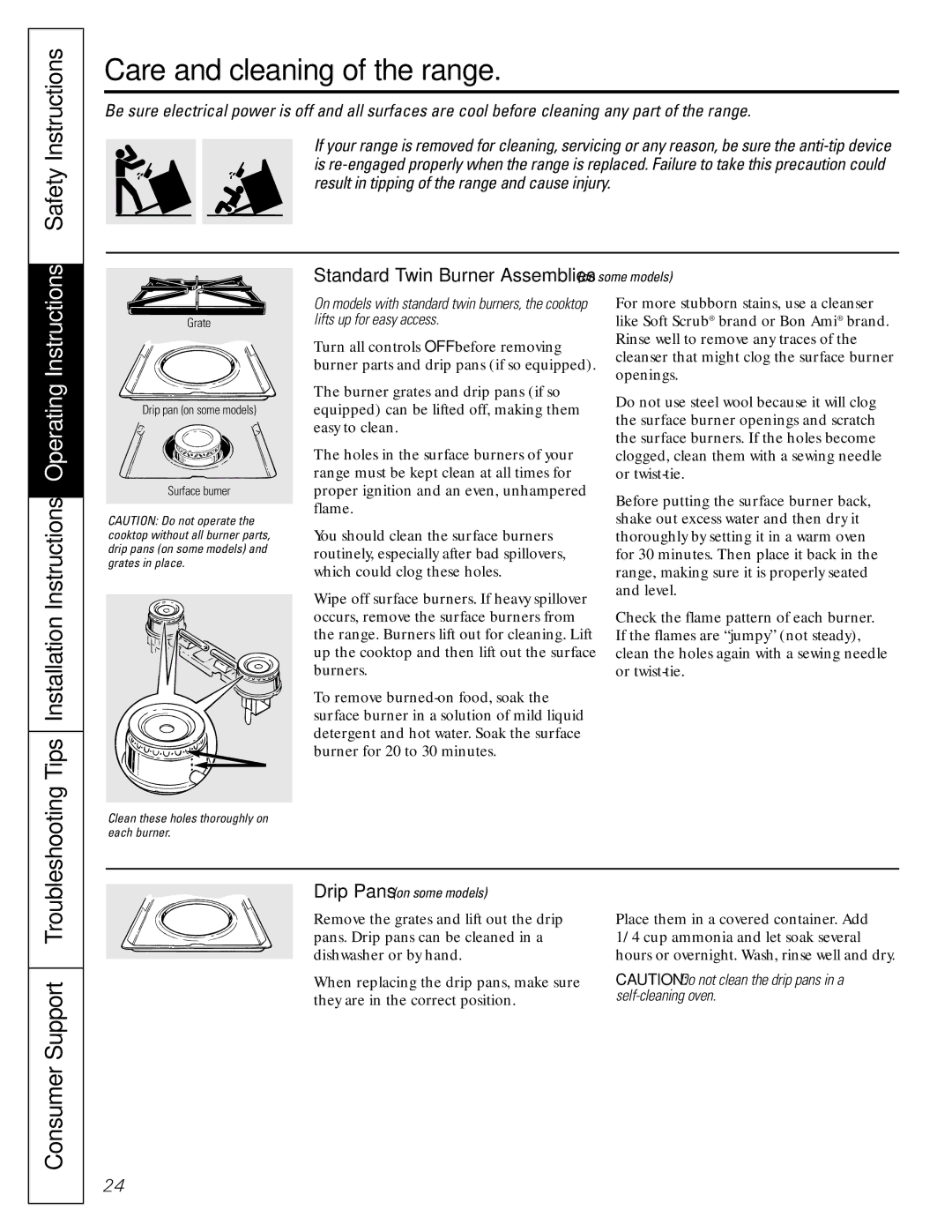 GE EGR3000 installation instructions Care and cleaning of the range, Standard Twin Burner Assemblies on some models 