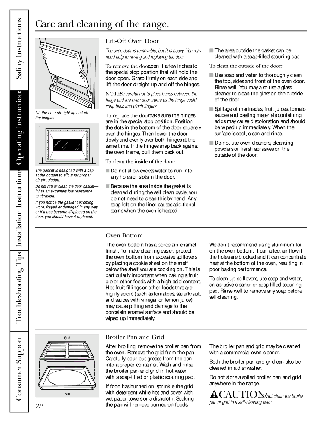 GE EGR3000 installation instructions Troubleshooting Tips, Lift-Off Oven Door, Oven Bottom, Broiler Pan and Grid 