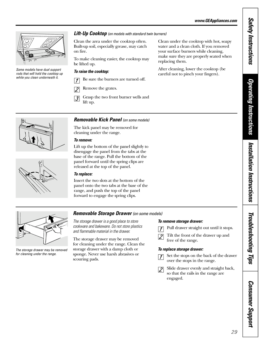 GE EGR3000 installation instructions Removable Kick Panel on some models, Removable Storage Drawer on some models 