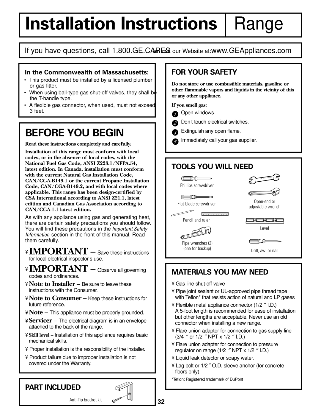 GE EGR3000 installation instructions Part Included, For Your Safety, Tools YOU will Need, Materials YOU MAY Need 