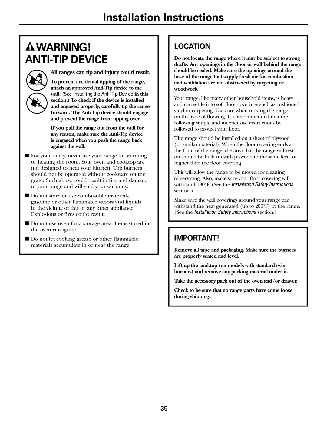 GE EGR3000 installation instructions ANTI-TIP Device, Location 