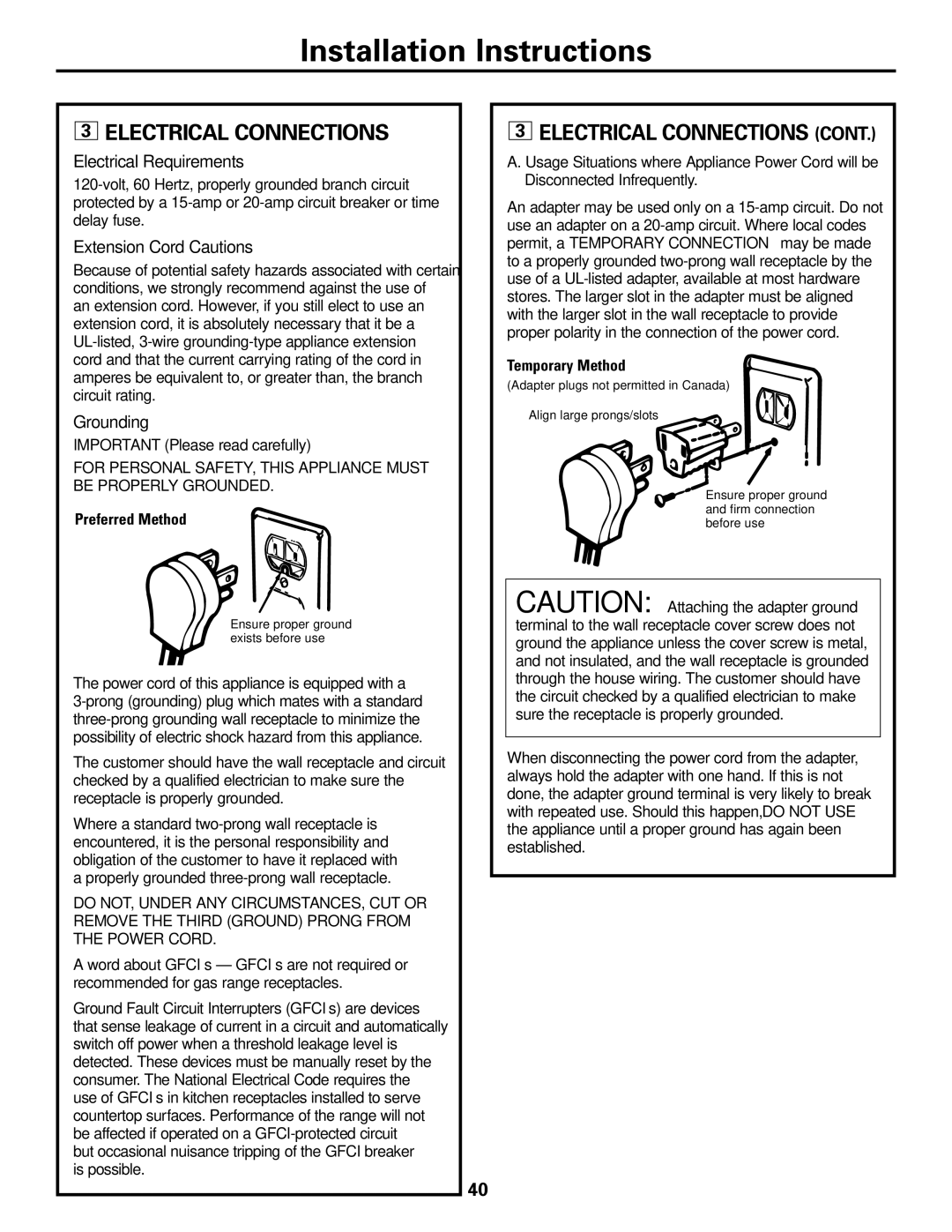 GE EGR3000 installation instructions Electrical Connections, Electrical Requirements 