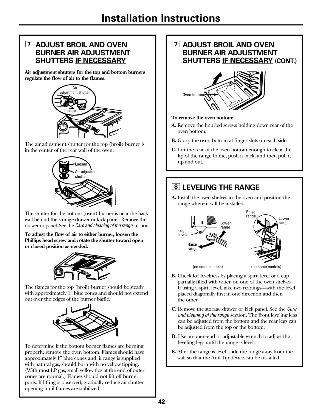 GE EGR3000 installation instructions Leveling the Range, To remove the oven bottom 