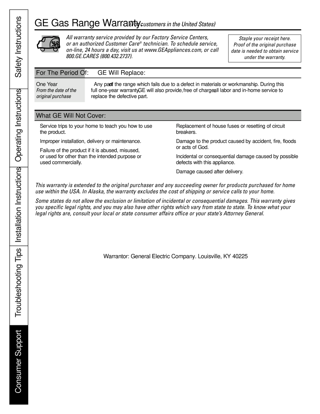 GE EGR3000 installation instructions Instructions Safety Instructions, Operating, GE Will Replace, What GE Will Not Cover 