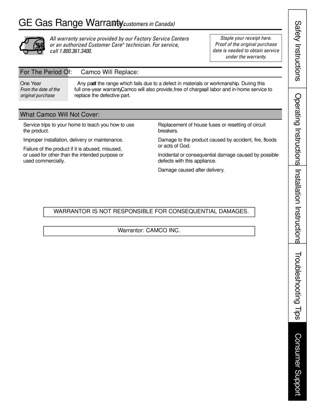 GE EGR3000 installation instructions Camco Will Replace, What Camco Will Not Cover 