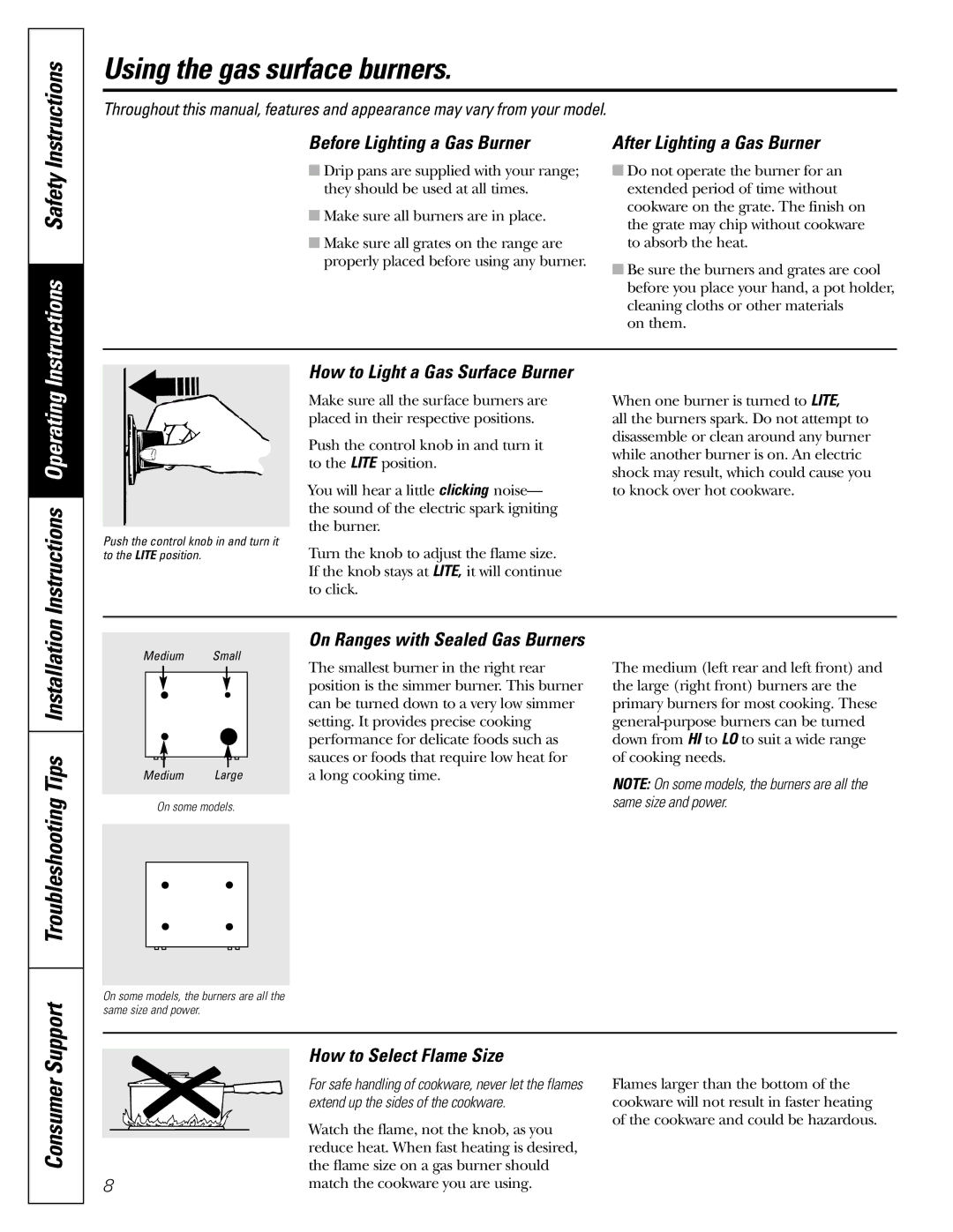 GE EGR3000 installation instructions Using the gas surface burners, Instructions Operating, Consumer 