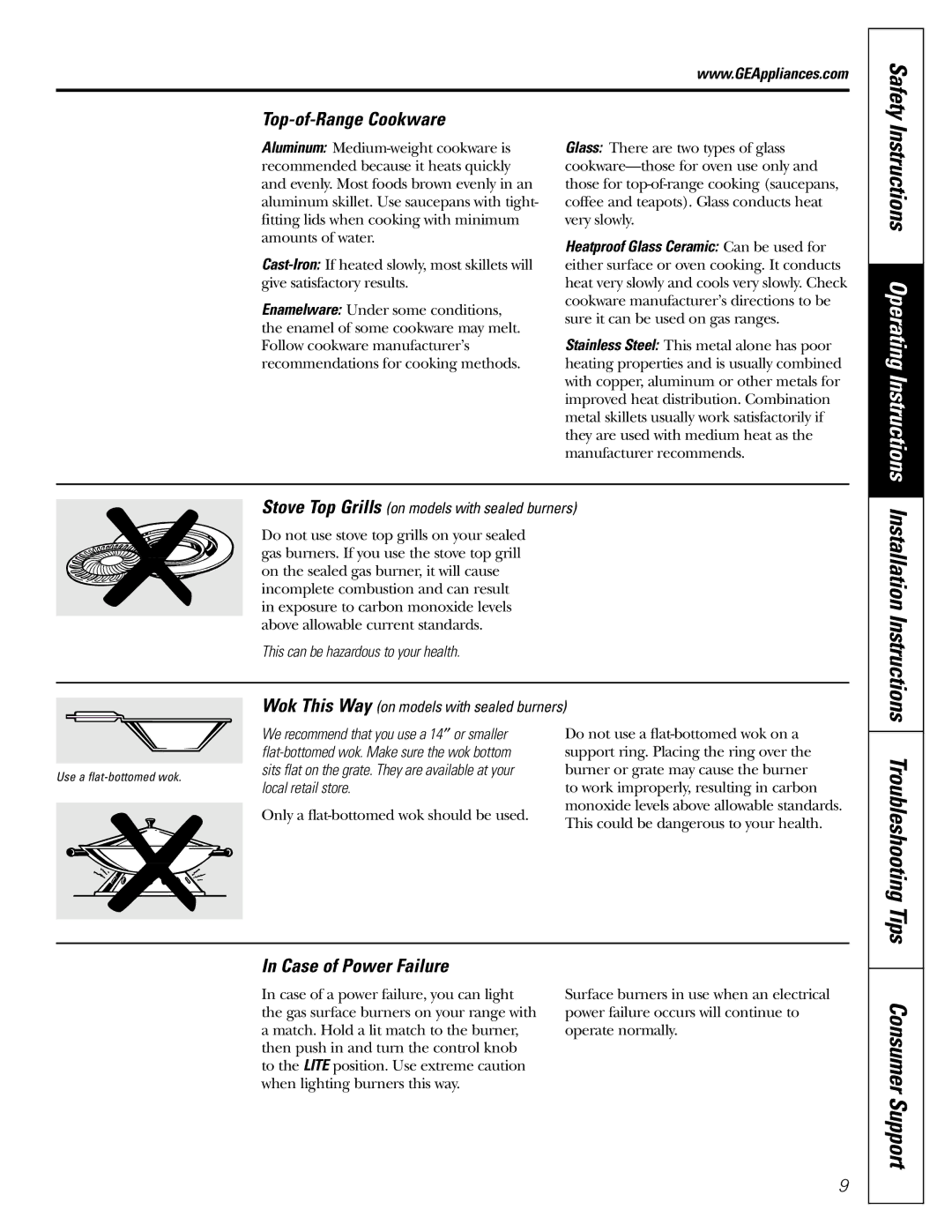 GE EGR3000 installation instructions Safety, Top-of-Range Cookware, Case of Power Failure 