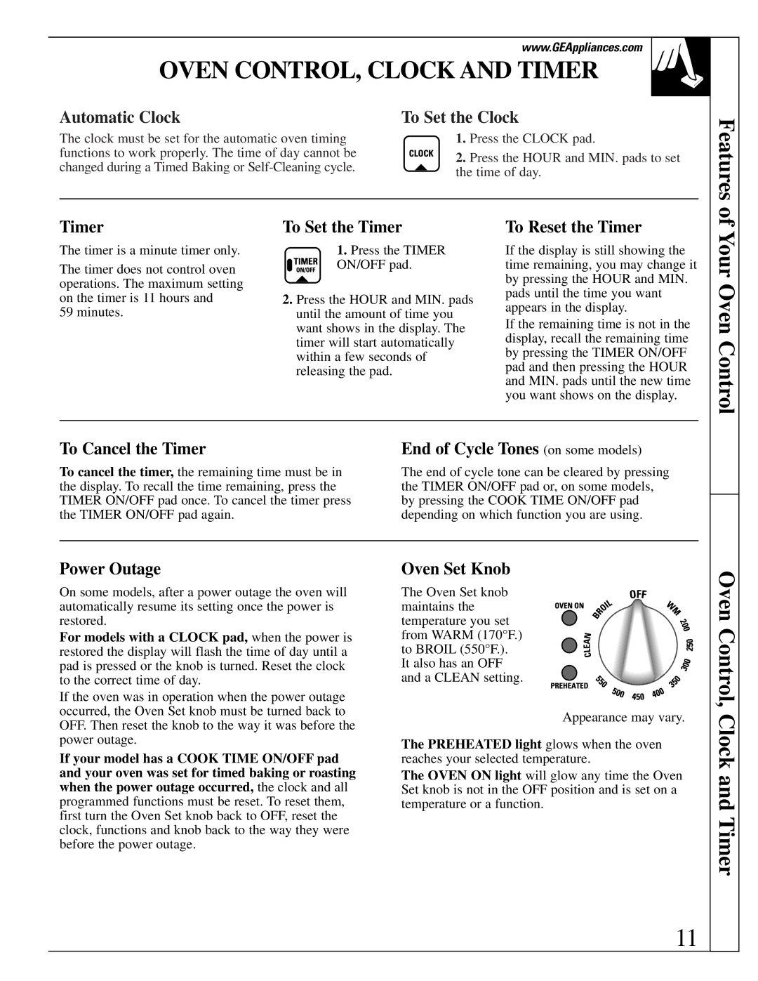 GE JGBP40, EGR3001, JR EGR3000 manual Oven CONTROL, Clock and Timer, Your Oven Control, Oven Control, Clock and Timer 