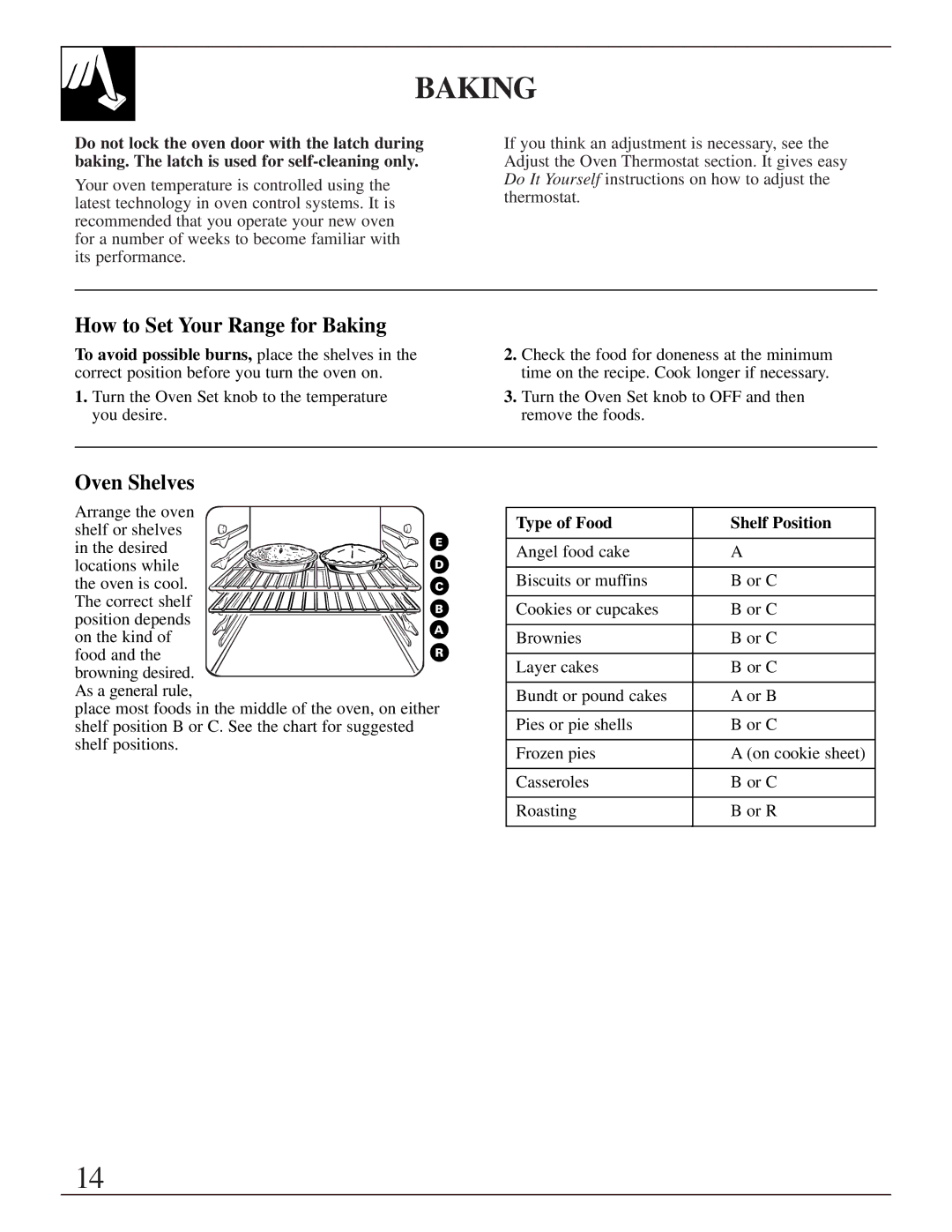 GE JGBP40, EGR3001, JR EGR3000 manual How to Set Your Range for Baking, Type of Food Shelf Position 