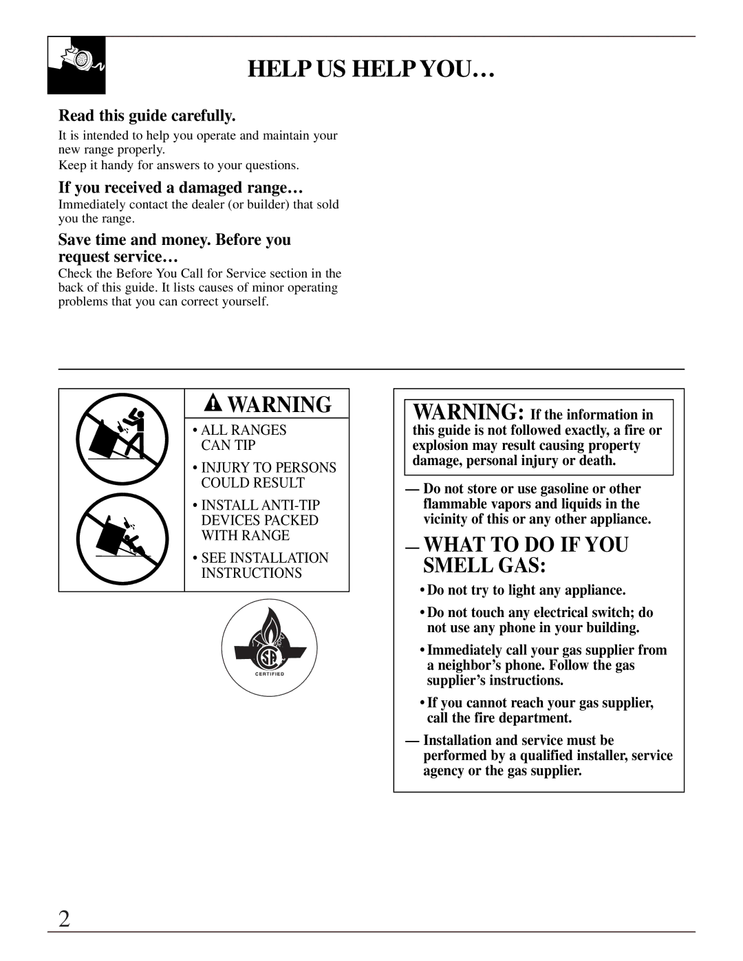 GE JGBP40, EGR3001, JR EGR3000 manual Help US Help YOU…, Read this guide carefully, If you received a damaged range… 