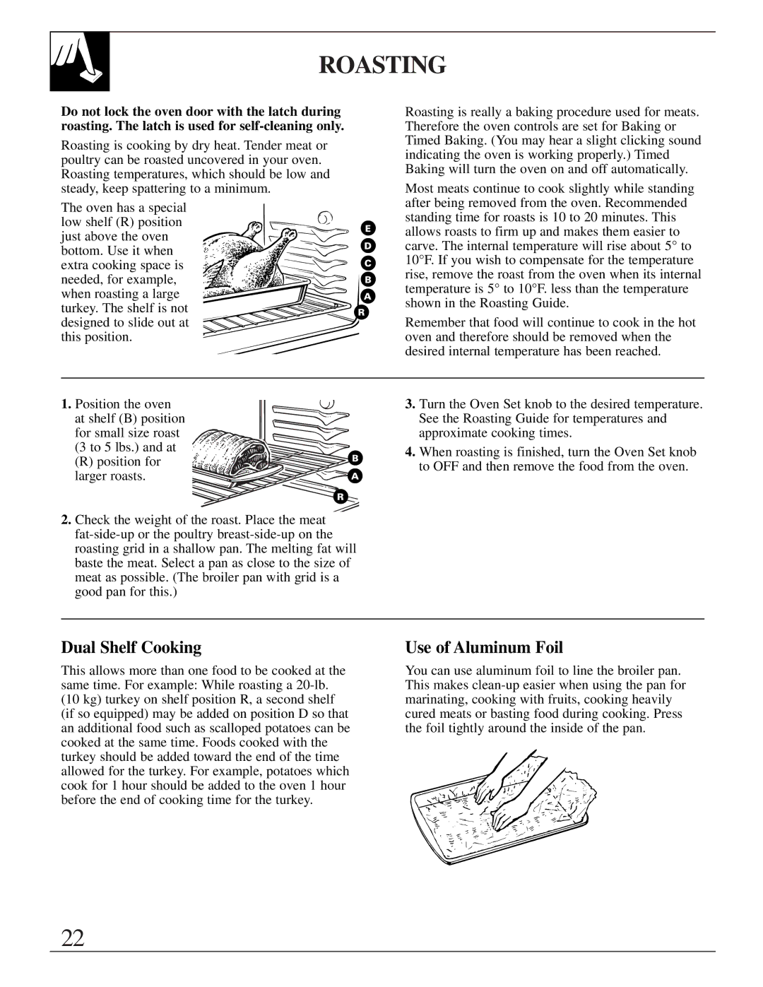 GE JR EGR3000, EGR3001, JGBP40 manual Roasting, Dual Shelf Cooking, Use of Aluminum Foil 