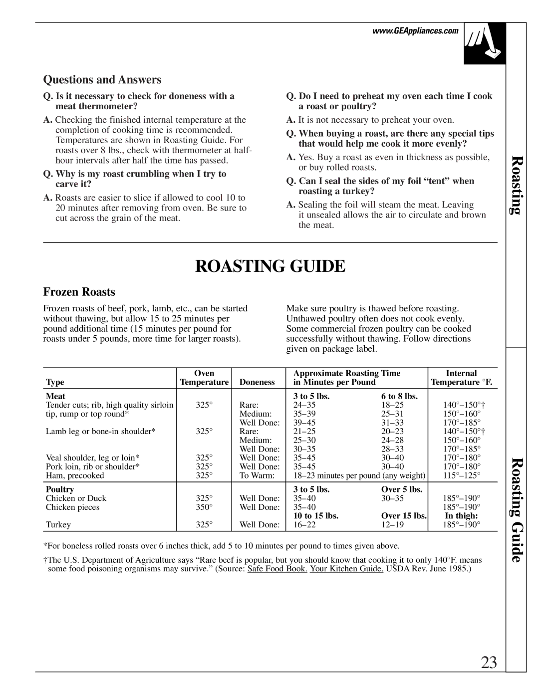 GE JGBP40, EGR3001, JR EGR3000 manual Roasting Guide, Frozen Roasts, Why is my roast crumbling when I try to carve it? 