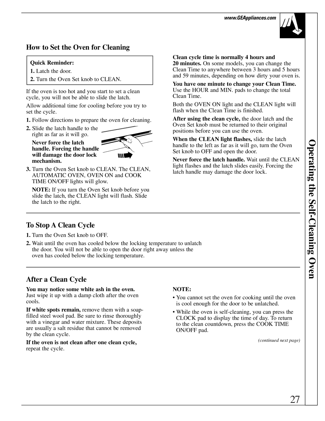 GE EGR3001, JR EGR3000 Operating the Self, How to Set the Oven for Cleaning, To Stop a Clean Cycle, After a Clean Cycle 