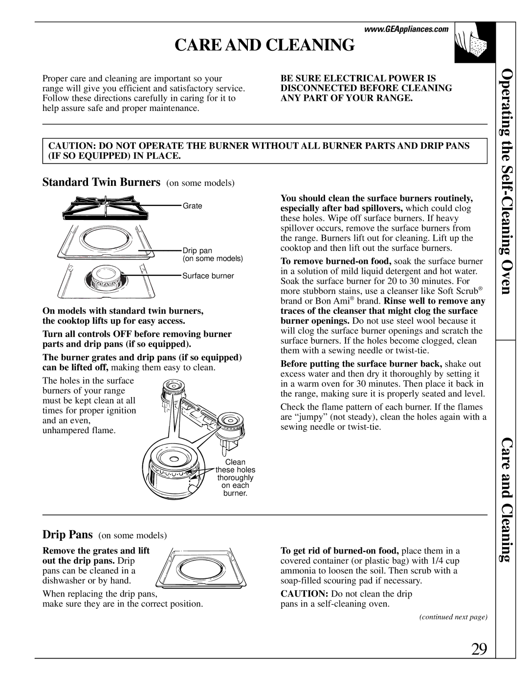 GE JGBP40, EGR3001, JR EGR3000 Care and Cleaning, Operating, Self-Cleaning Oven Care, Standard Twin Burners on some models 