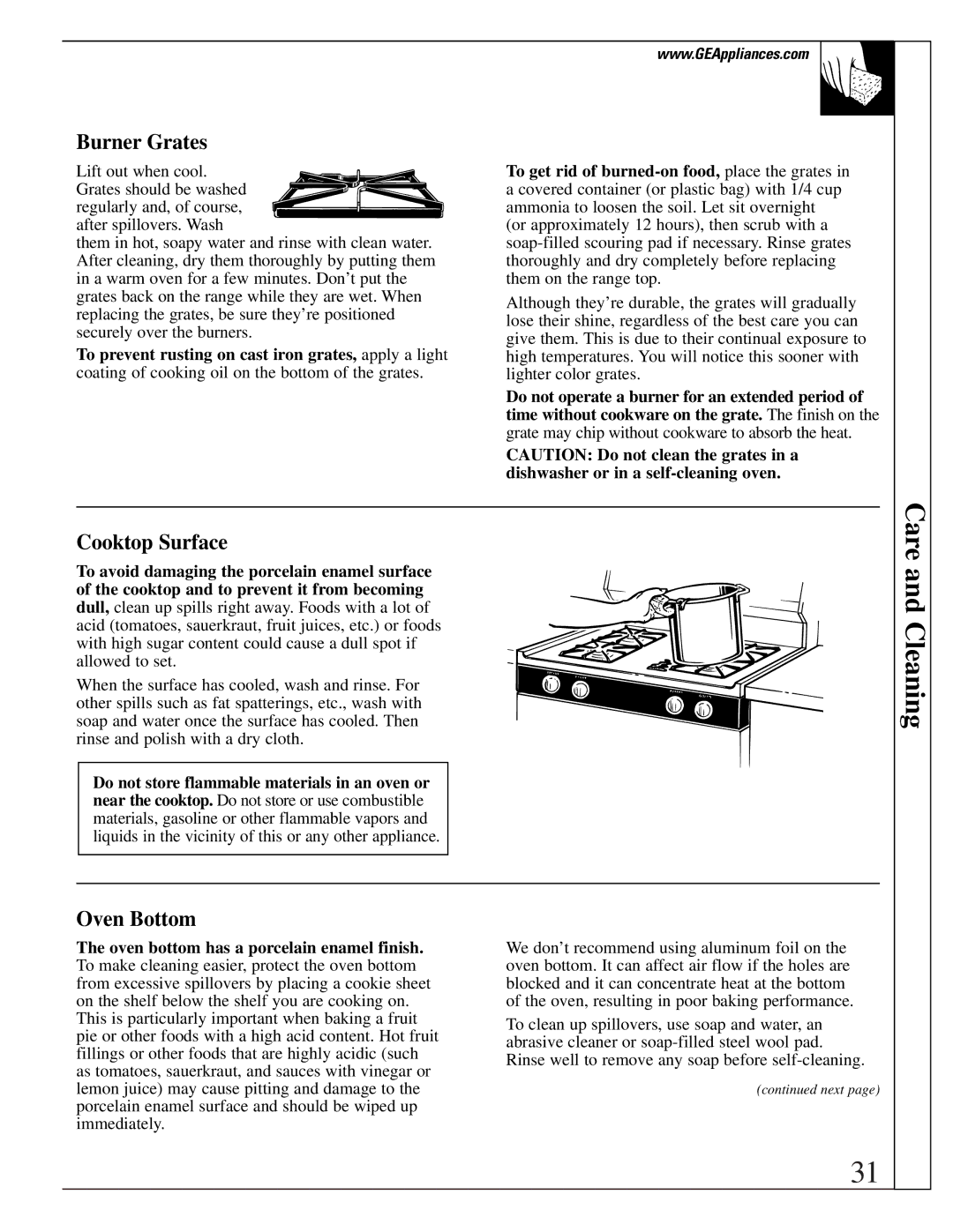 GE JR EGR3000, EGR3001, JGBP40 manual Care and Cleaning, Burner Grates, Cooktop Surface, Oven Bottom 