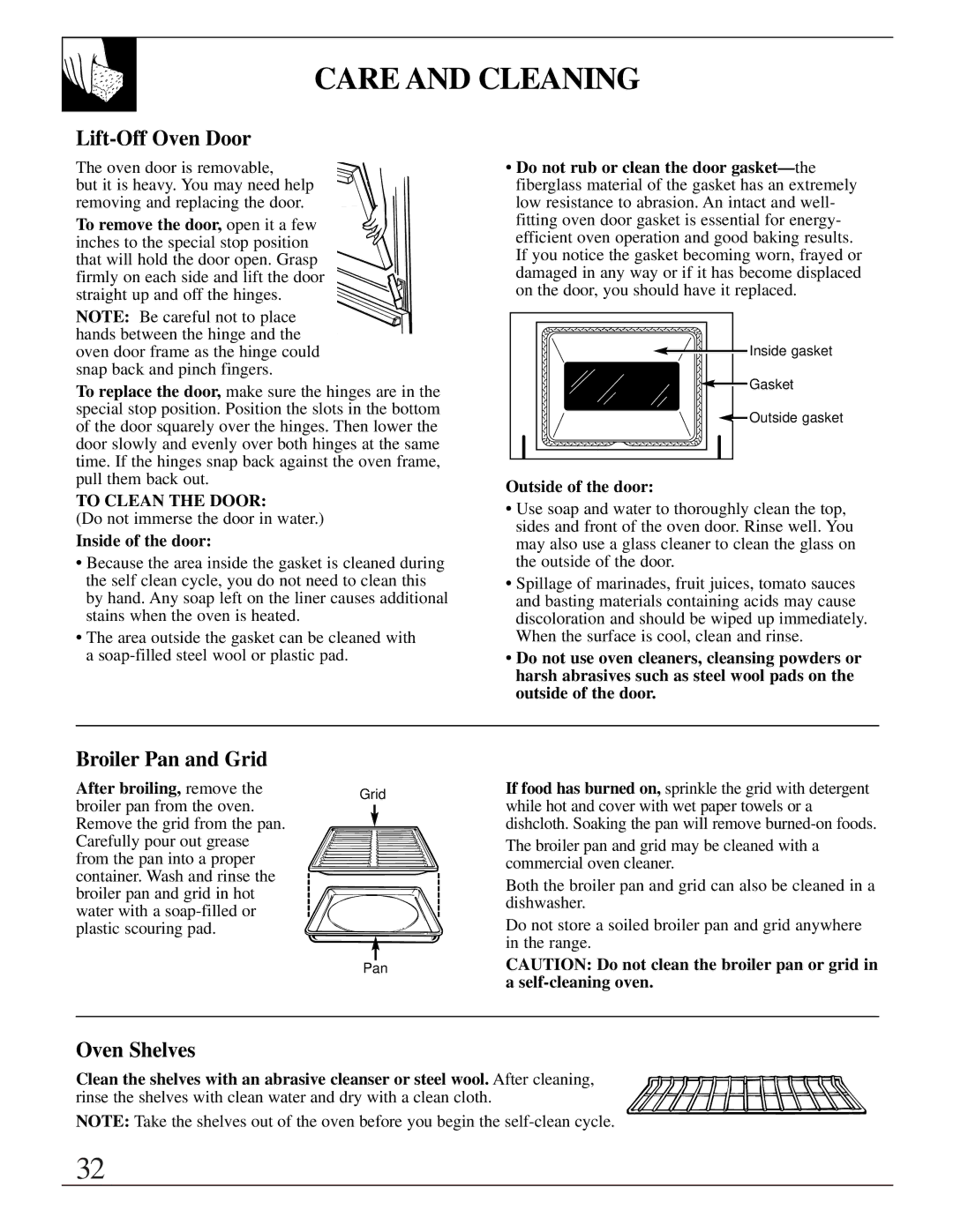 GE JGBP40, EGR3001, JR EGR3000 manual Lift-Off Oven Door, Broiler Pan and Grid, Inside of the door, Outside of the door 