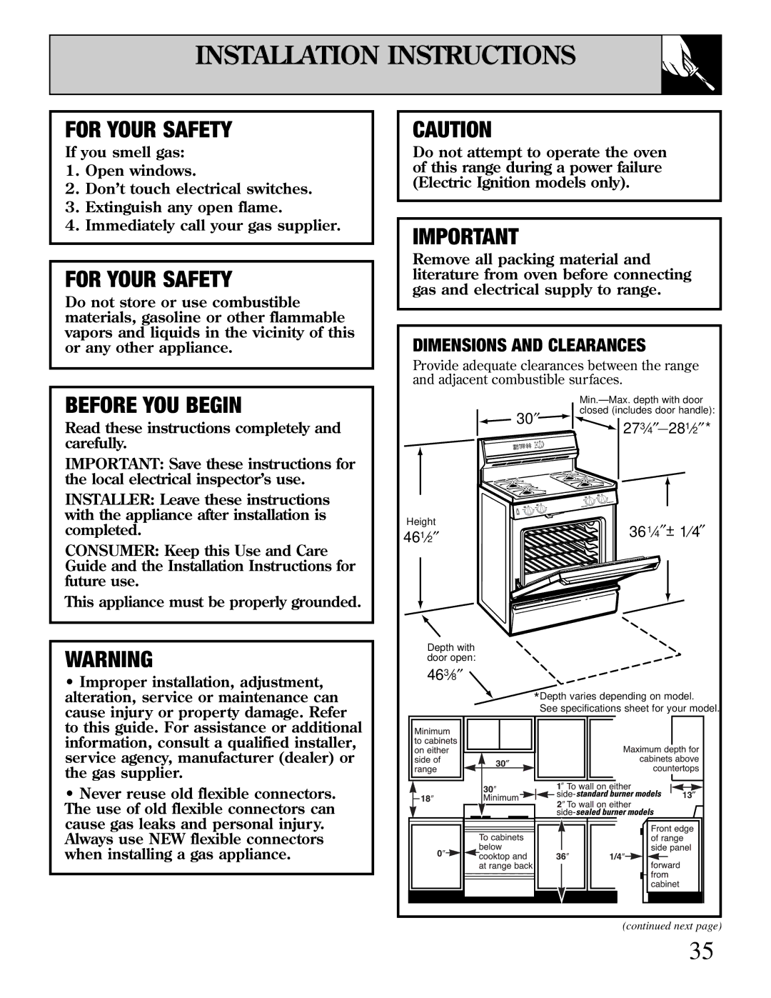 GE JGBP40, EGR3001, JR EGR3000 manual Installation Instructions, For Your Safety 