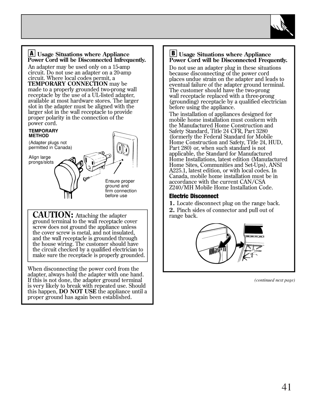 GE JGBP40, EGR3001, JR EGR3000 manual Electric Disconnect 