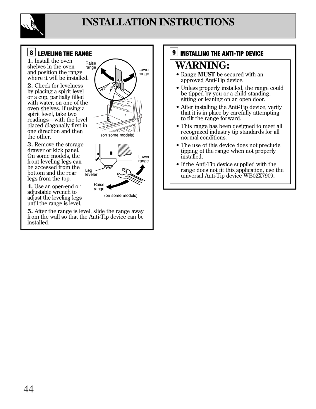 GE JGBP40, EGR3001, JR EGR3000 manual Leveling the Range 