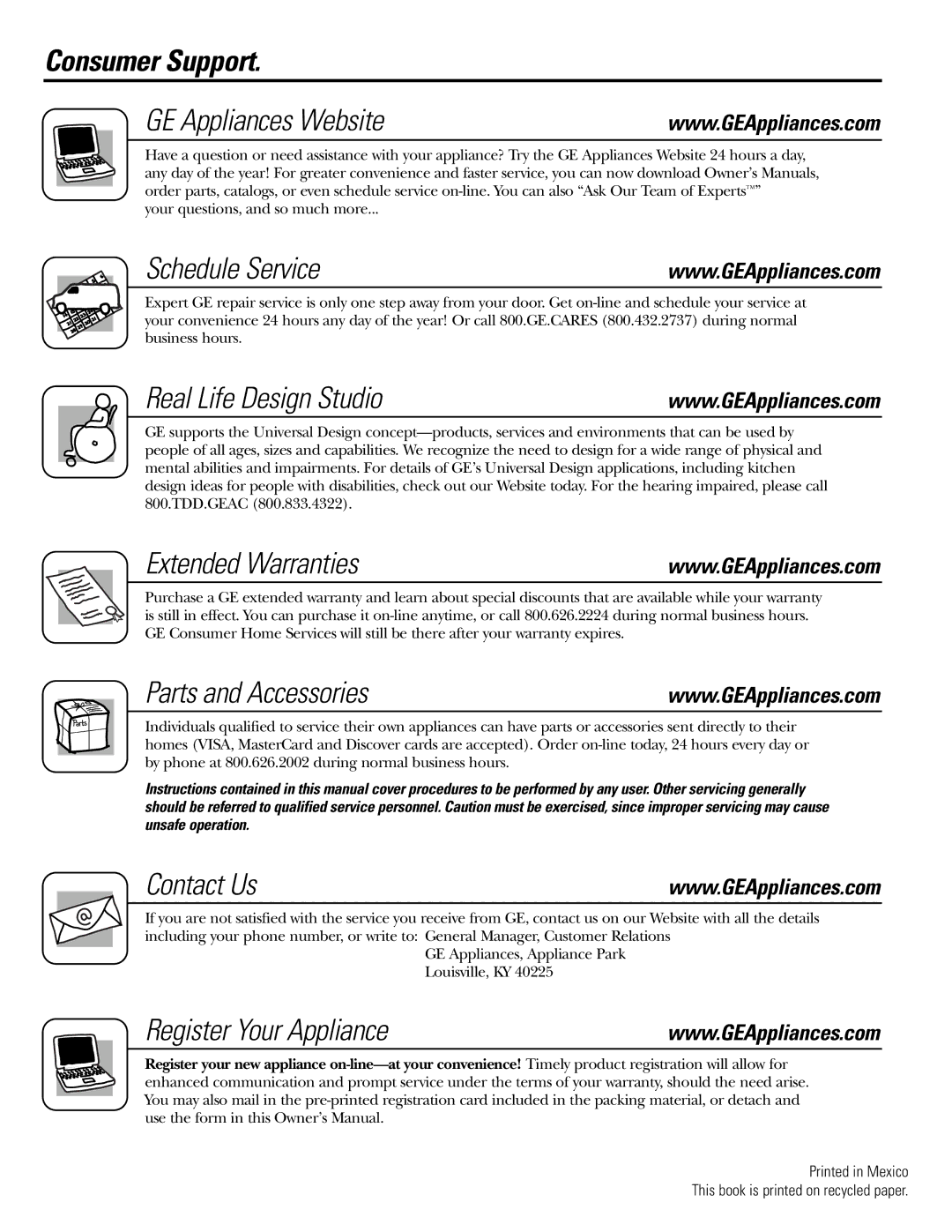 GE JR EGR3000, EGR3001, JGBP40 manual Consumer Support GE Appliances Website 