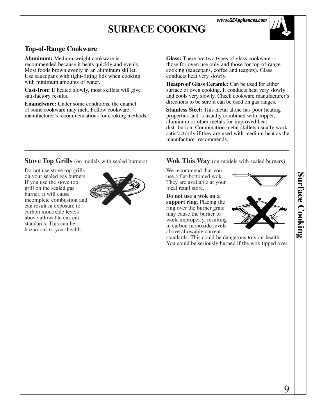 GE EGR3001, JR EGR3000, JGBP40 manual Surface Cooking, Top-of-Range Cookware, Do not use a wok on a support ring. Placing 