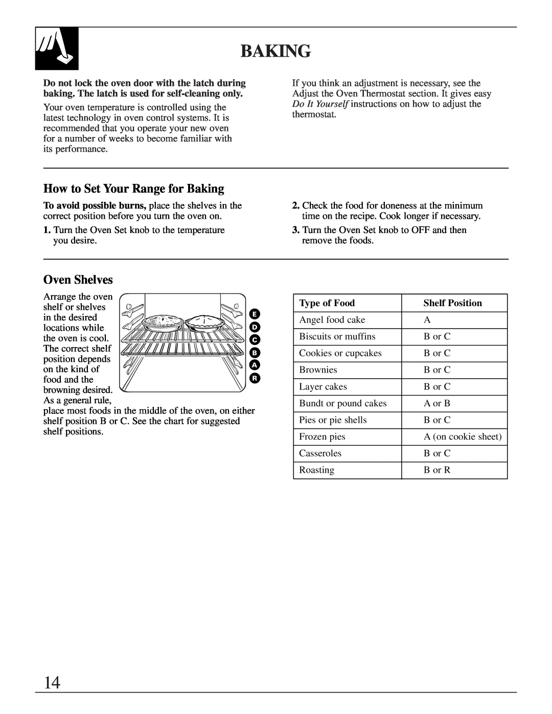 GE JGBP40, EGR3001, JR EGR3000 manual How to Set Your Range for Baking, Oven Shelves, Type of Food, Shelf Position 